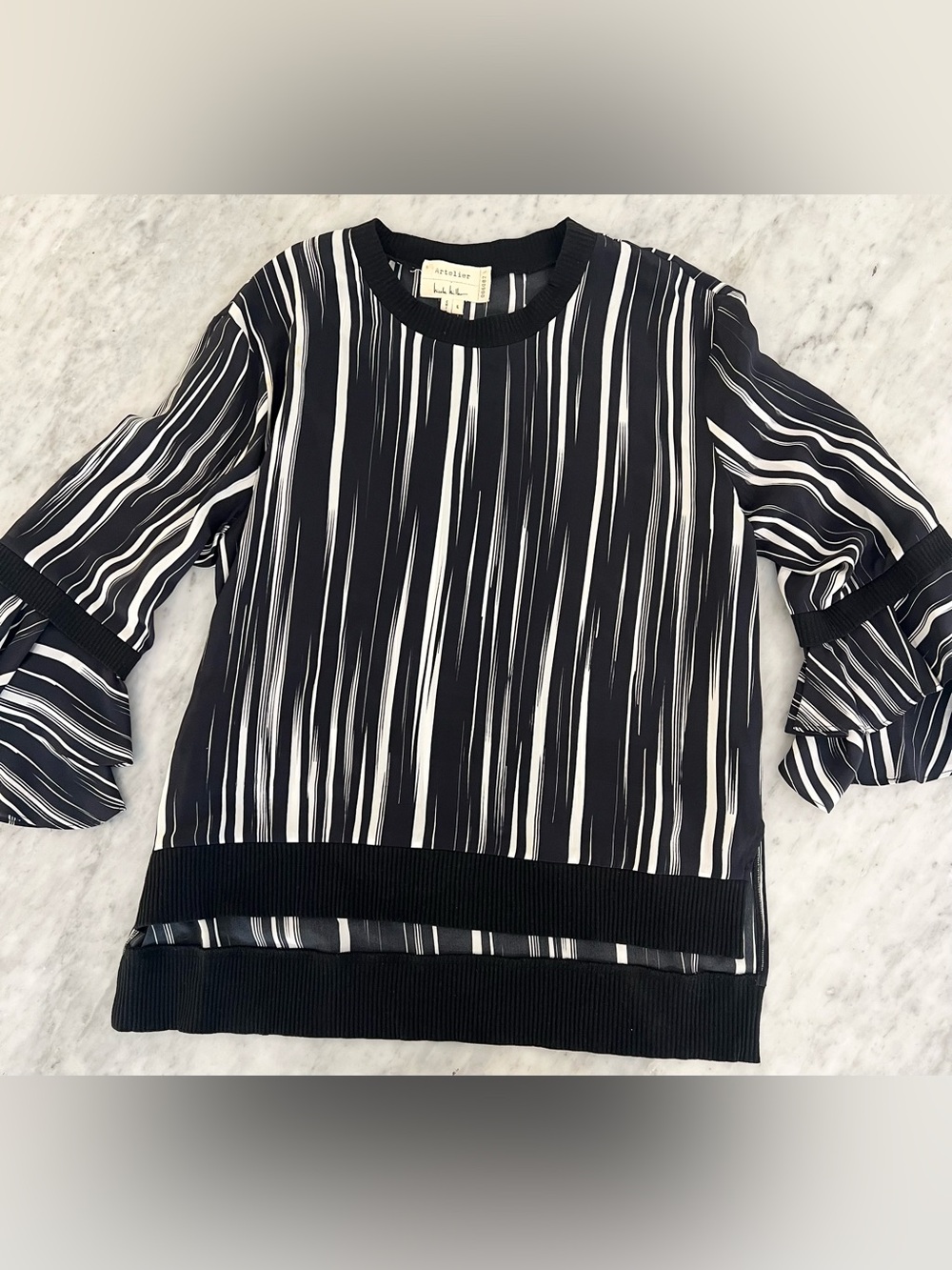 Nicole Miller Black and White Striped Ruffle Sleeve Top